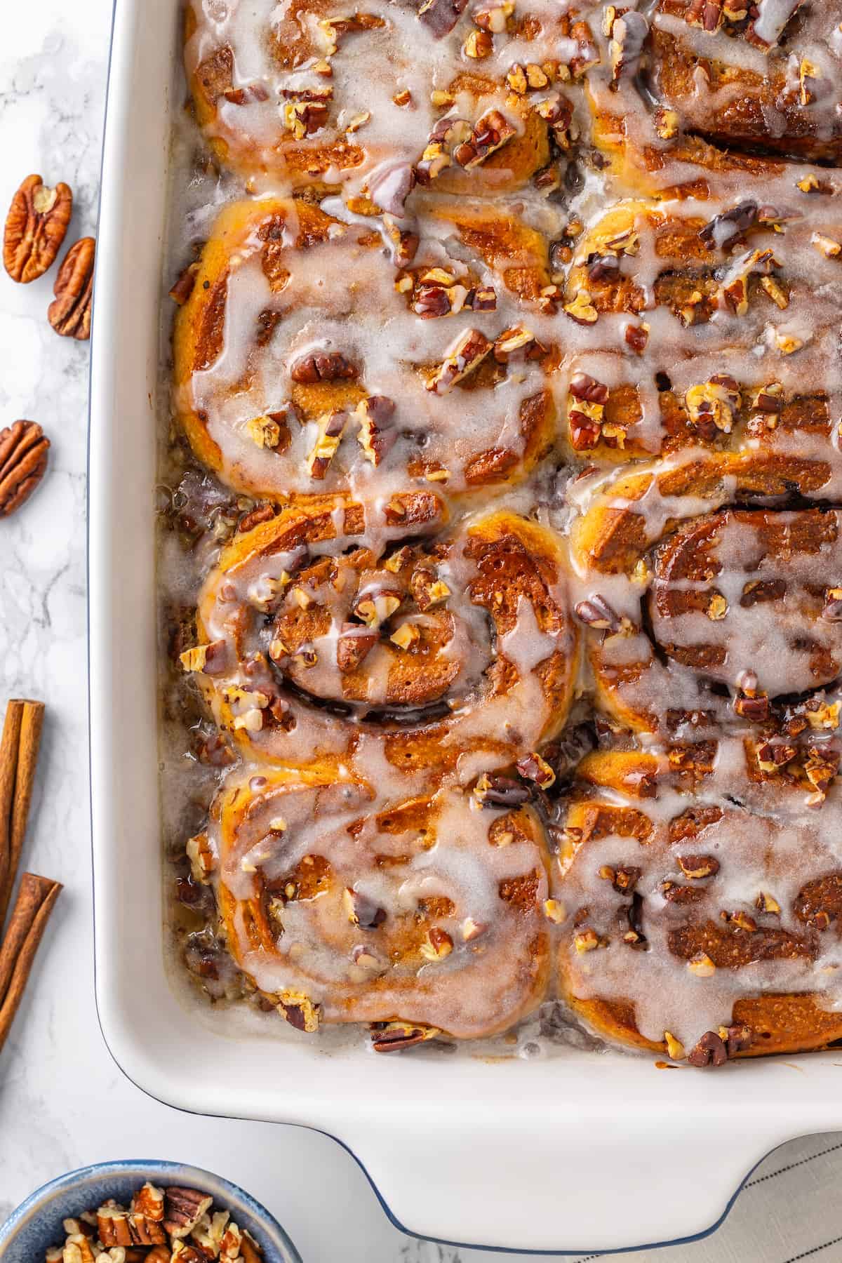 Overhead view of cinnamon roll French toast in baking dish