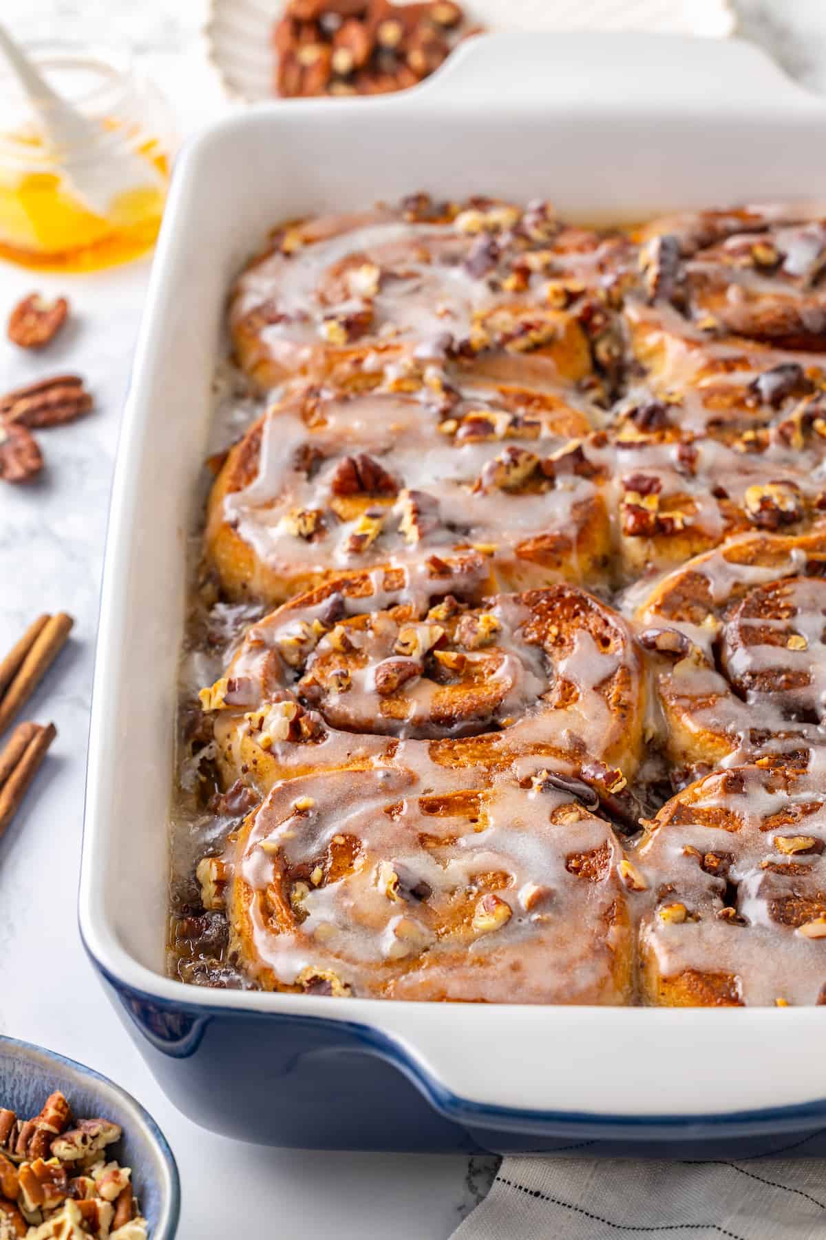 Baking dish of cinnamon roll French toast