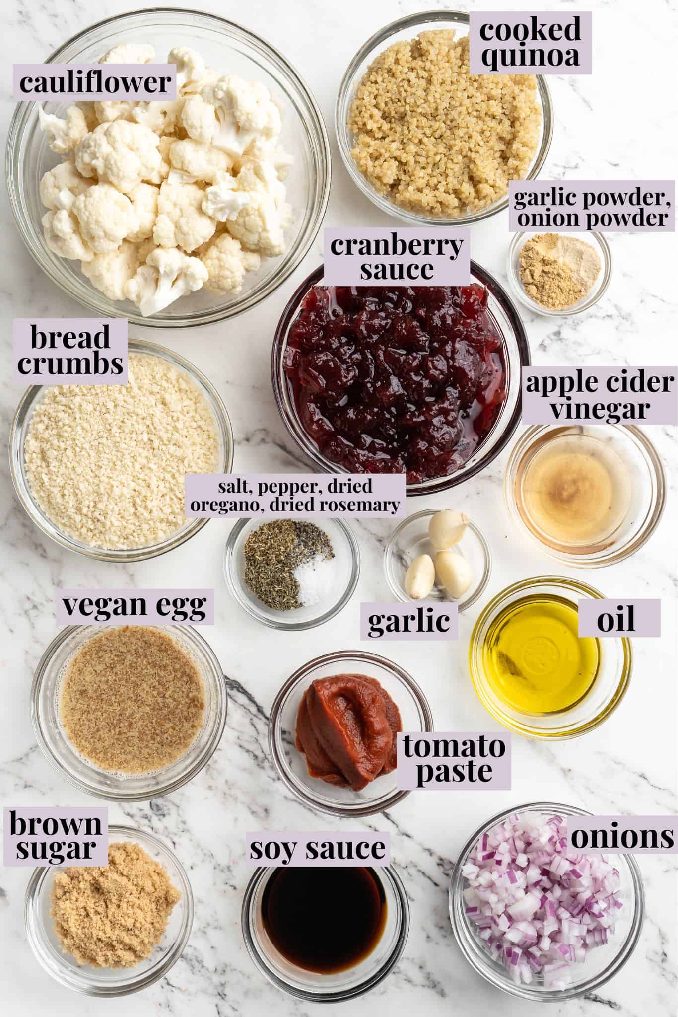 Overhead view of ingredients for cranberry vegan meatballs