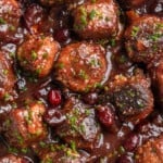 Overhead view of vegan cranberry meatballs in pan