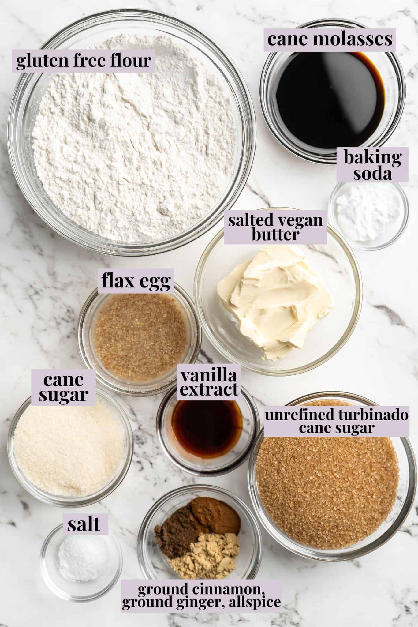 Overhead view of ingredients for gingersnap molasses cookies with labels