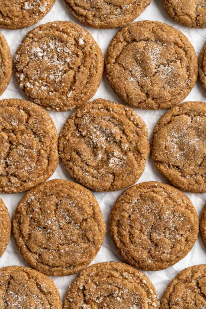 Overhead view of gingersnap molasses cookies arranged on parchment paper