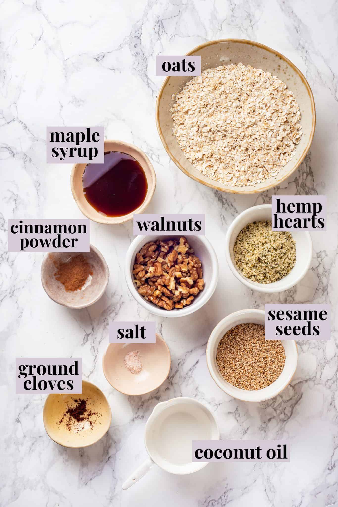 Overhead view of granola butter ingredients with labels