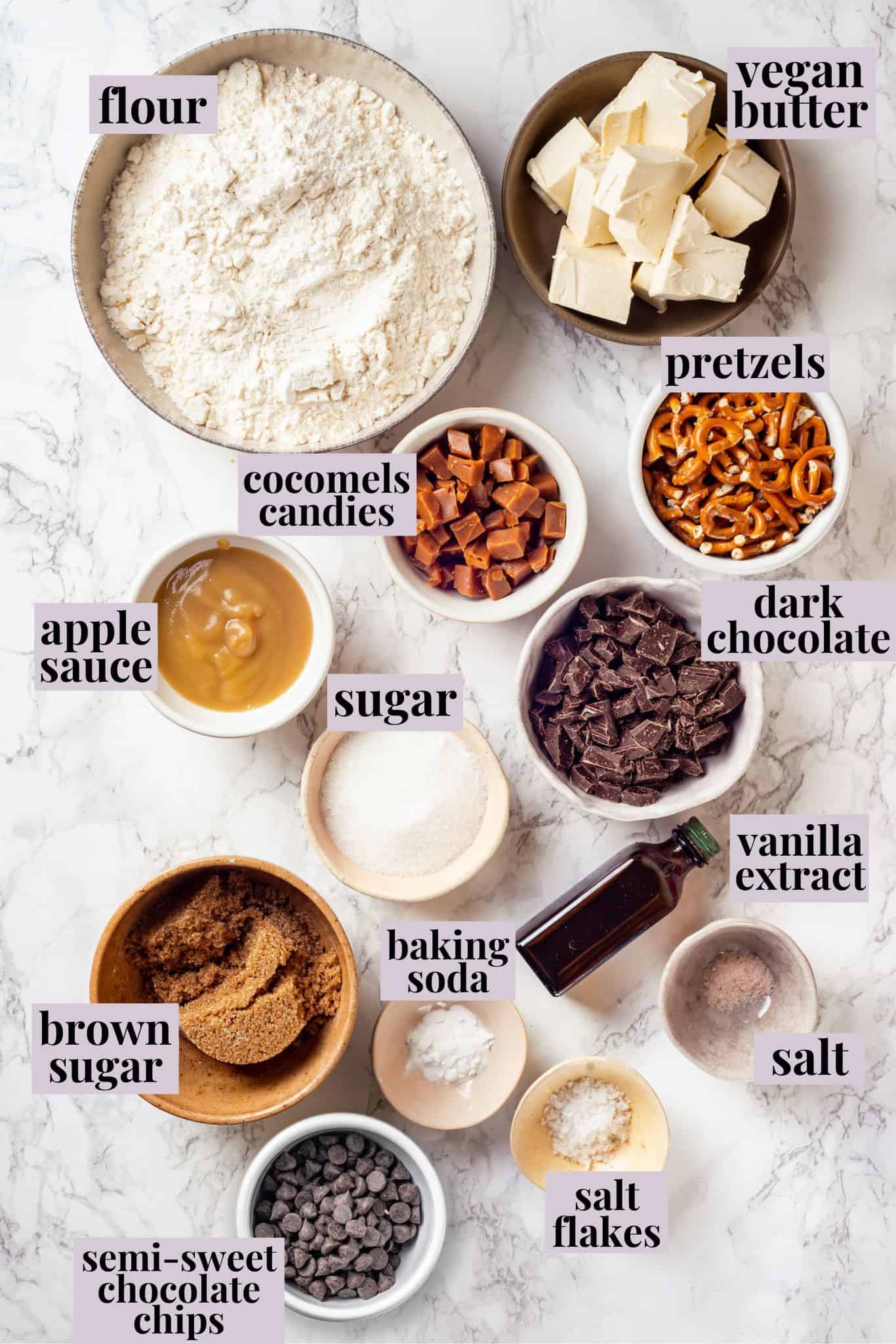 Overhead view of ingredients for kitchen sink cookies with labels