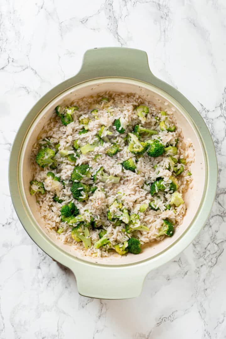 Overhead view of rice and broccoli in pot