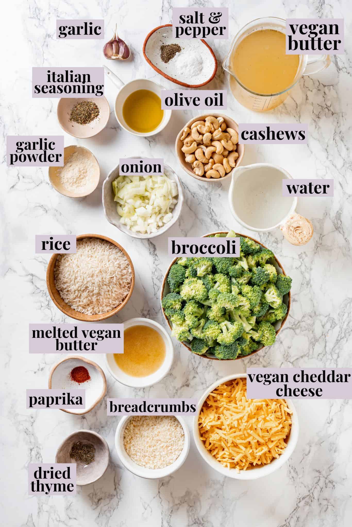 Overhead view of ingredients for broccoli cheese rice casserole with labels