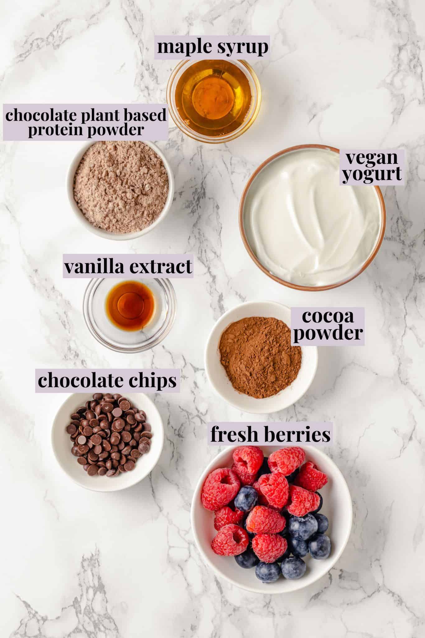 Overhead view of ingredients for protein pudding with labels
