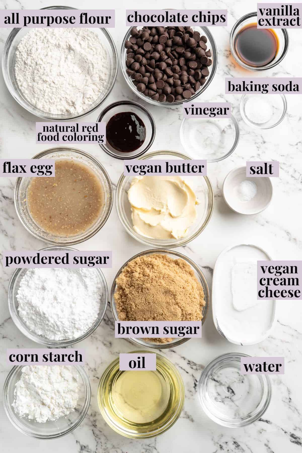 Overhead view of ingredients for red velvet brownies with labels