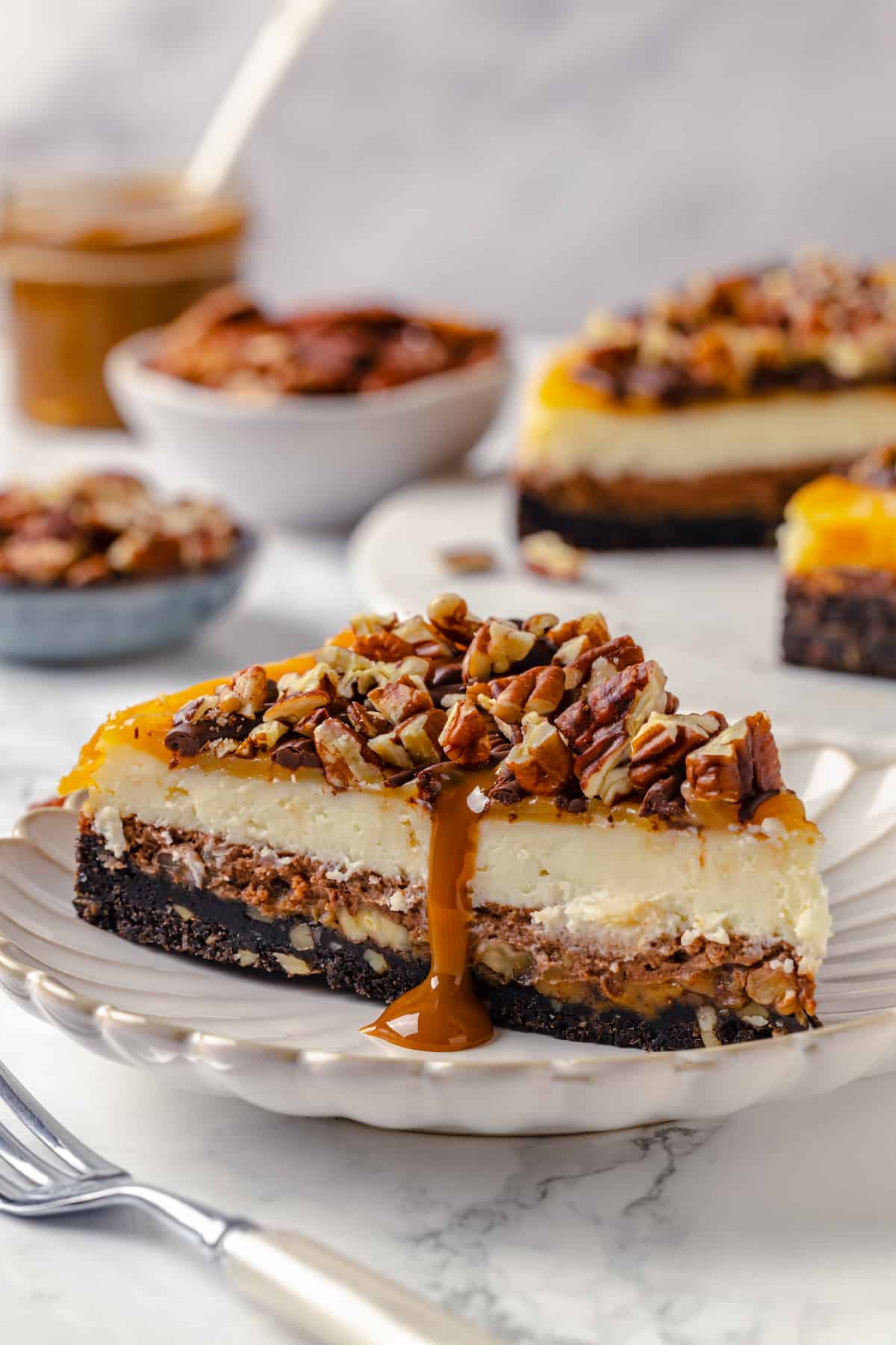 Side view of turtle cheesecake on plate
