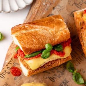 Overhead view of plant-based chicken parm sandwich
