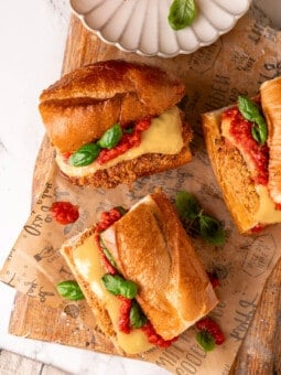 Overhead view of vegan chicken parm sandwich