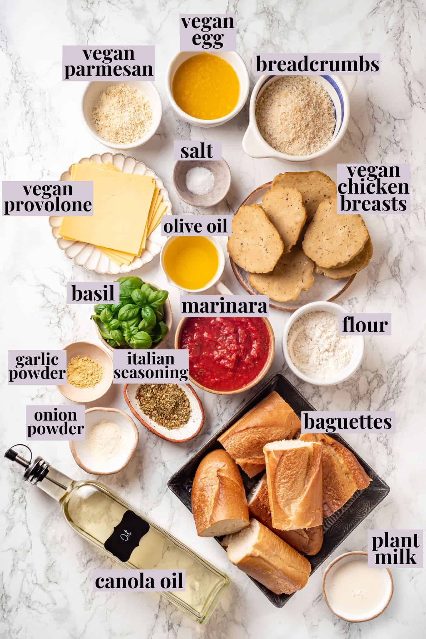 Overhead view of ingredients for chicken parm sandwich with labels