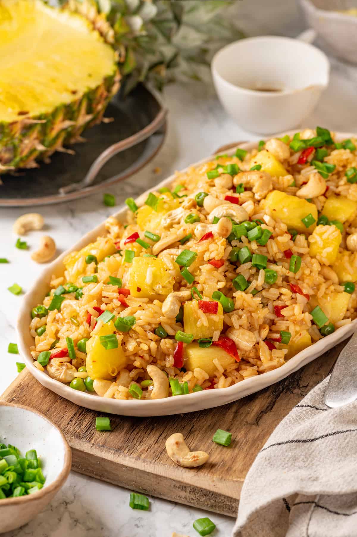Vegan pineapple fried rice on platter