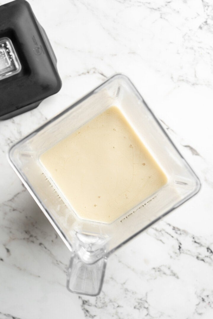 Overhead view of vegan butter mixture in blender