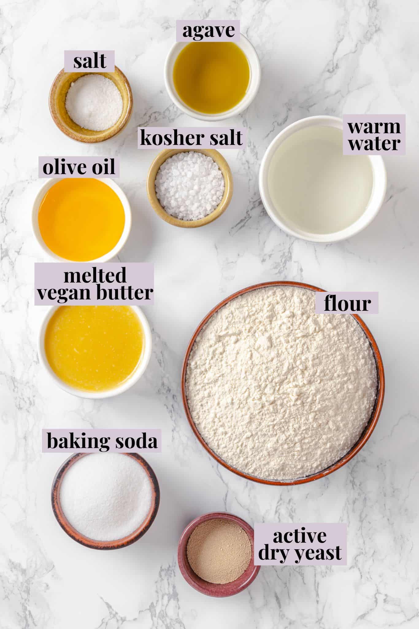Overhead view of ingredients for soft pretzel recipe with labels