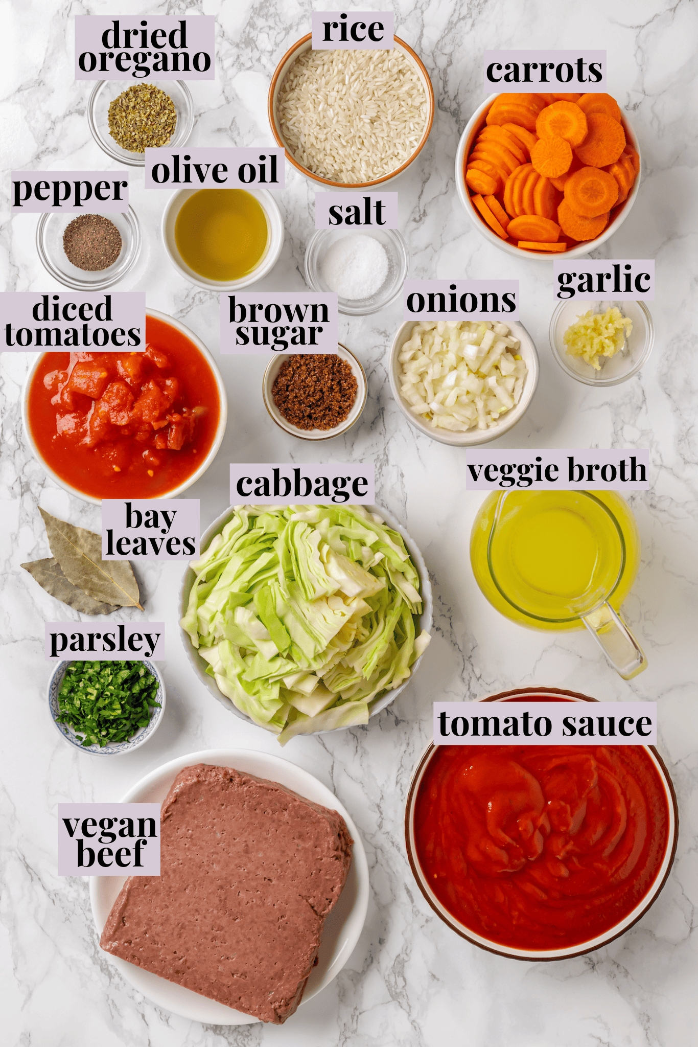 Overhead view of ingredients for cabbage roll soup with labels