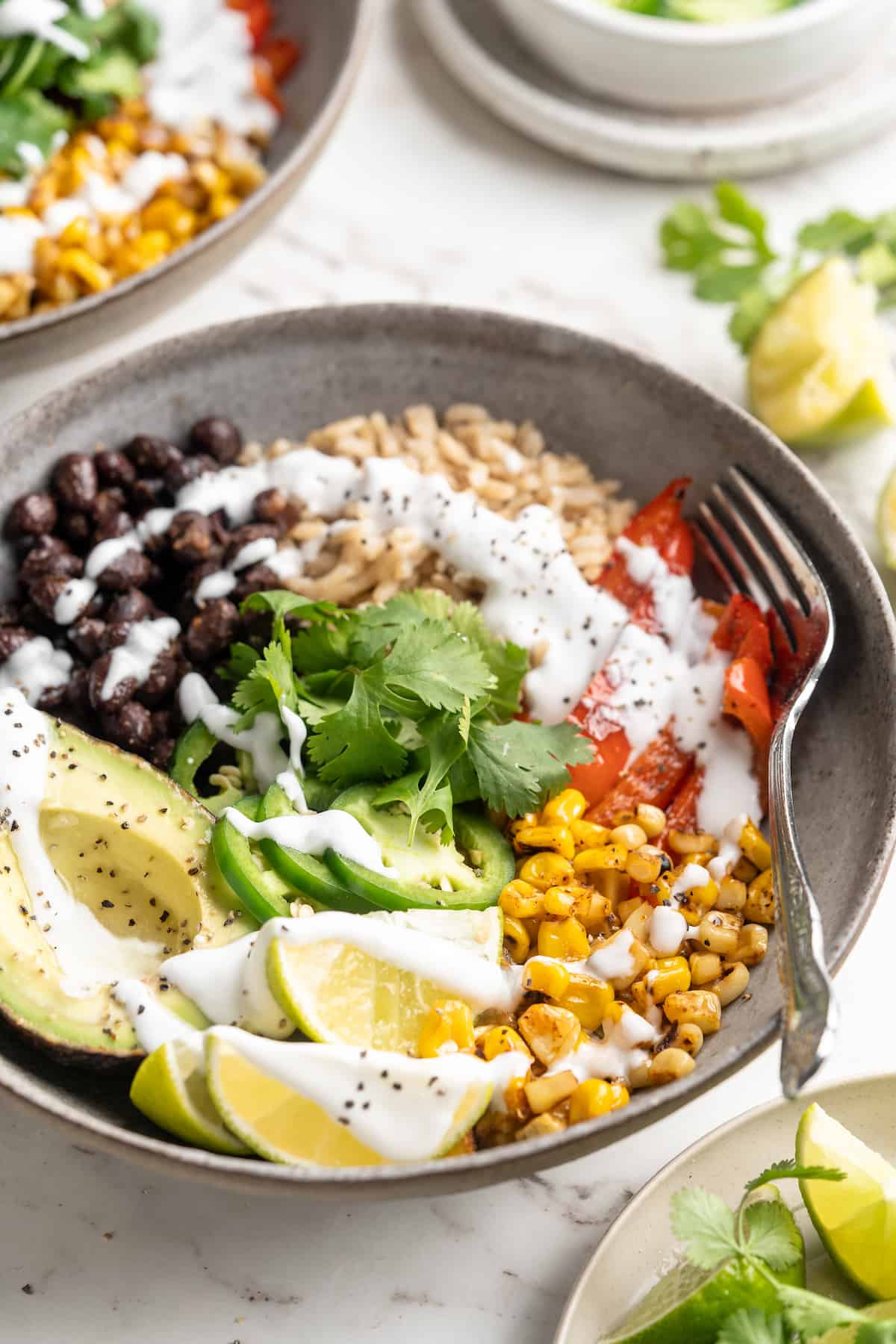 Vegan burrito bowl with charred corn