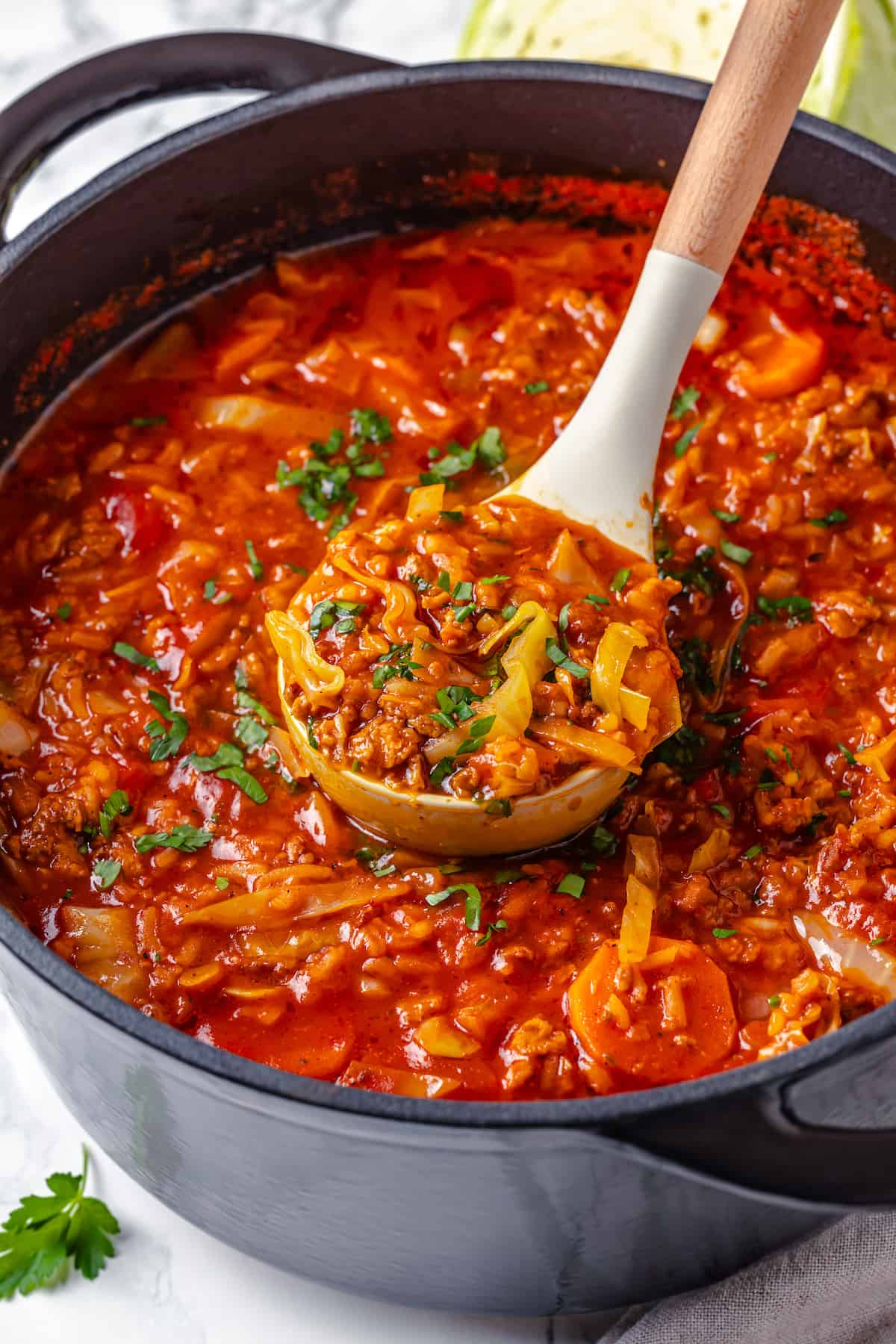 Ladle of cabbage roll soup in pot