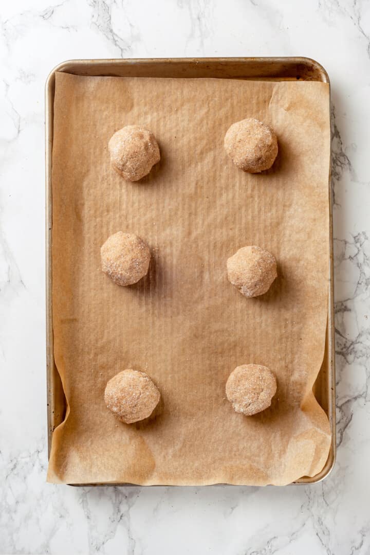 Overhead view of chai sugar cookie dough on sheet pan