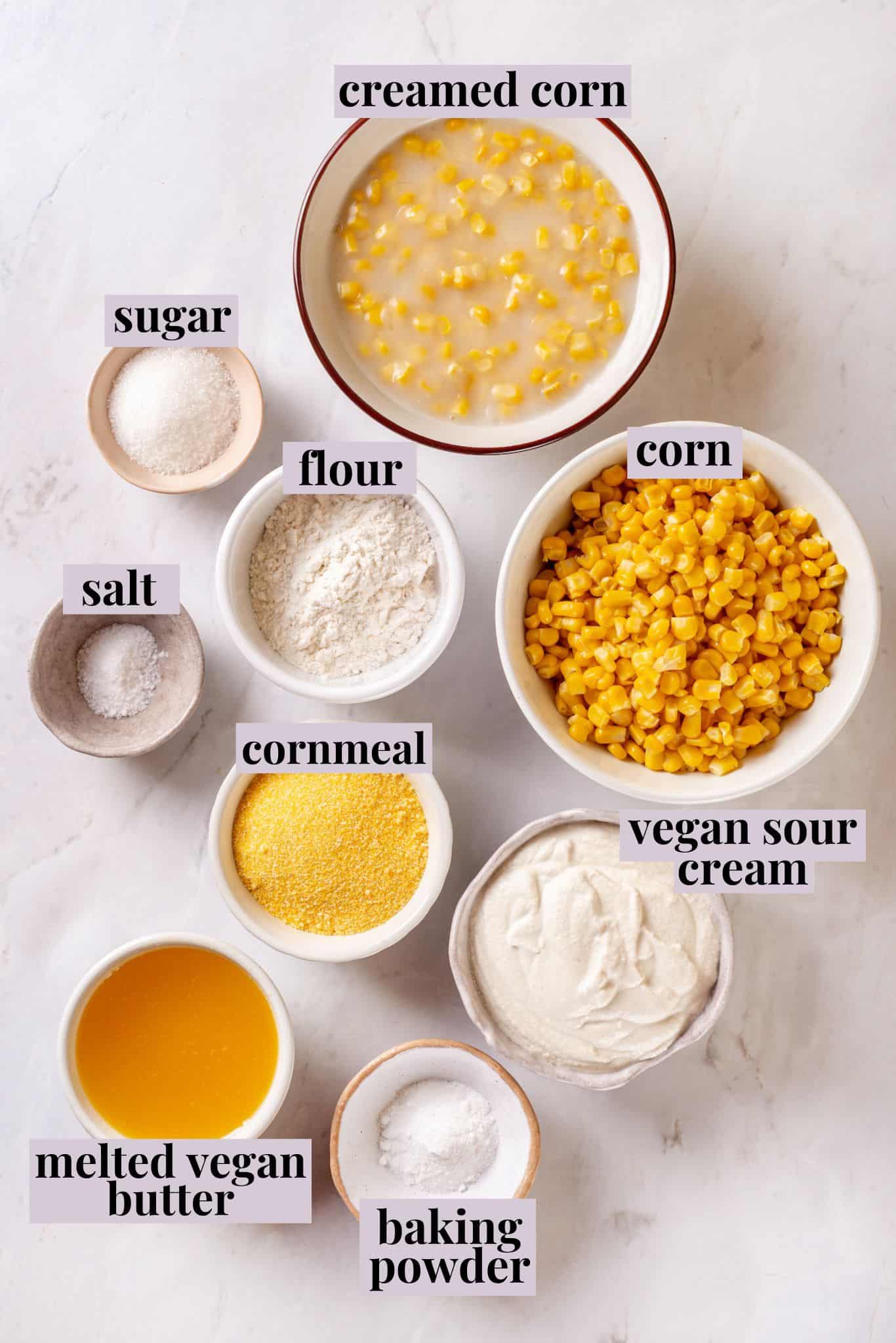 Overhead view of ingredients for corn souffle with labels