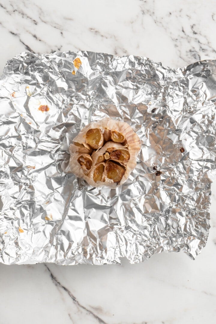 Overhead view of roasted garlic