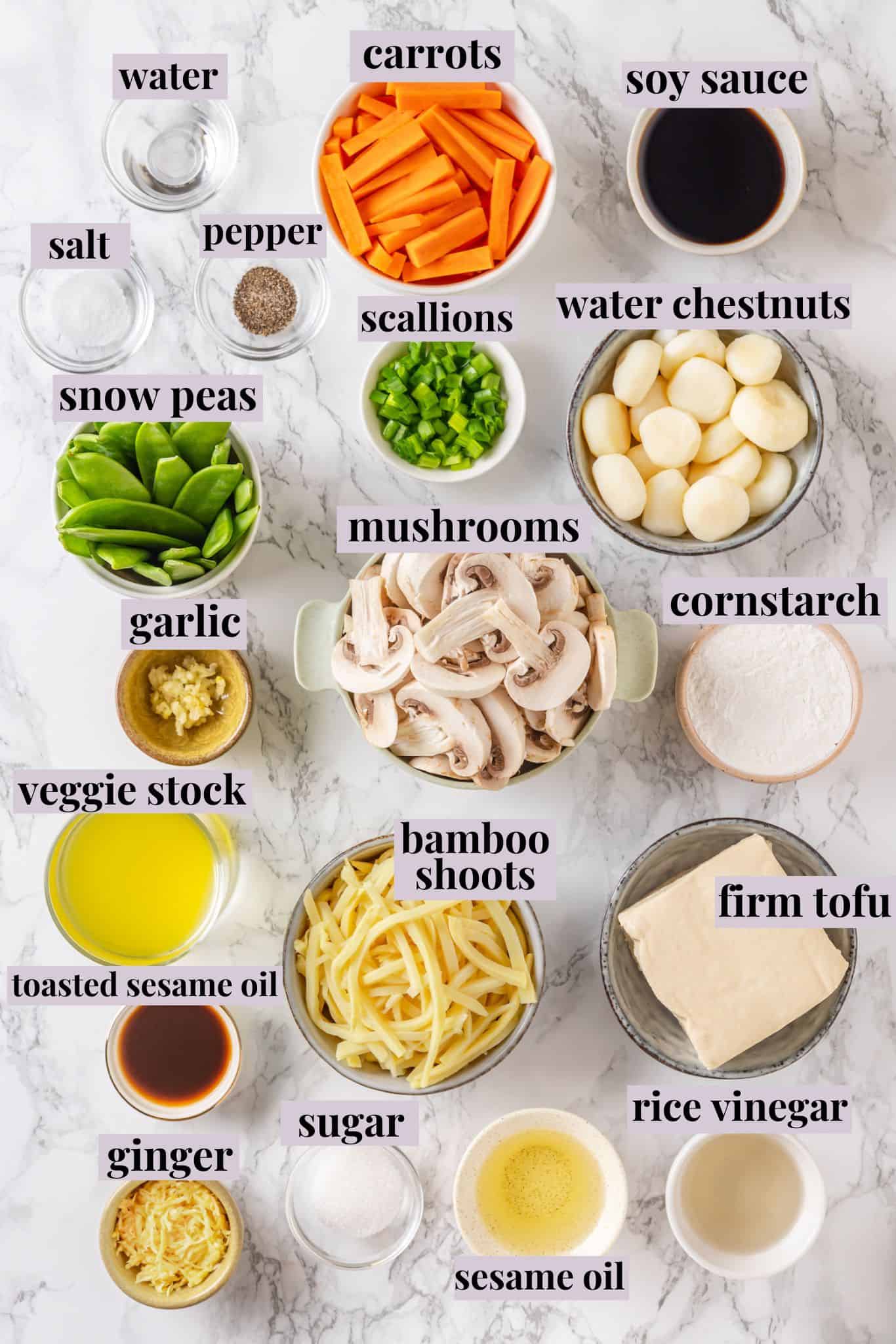 Overhead view of moo goo gai pan ingredients with labels