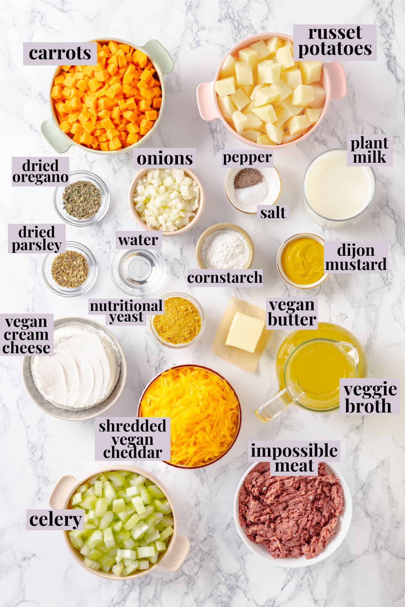 Overhead view of cheeseburger soup ingredients with labels