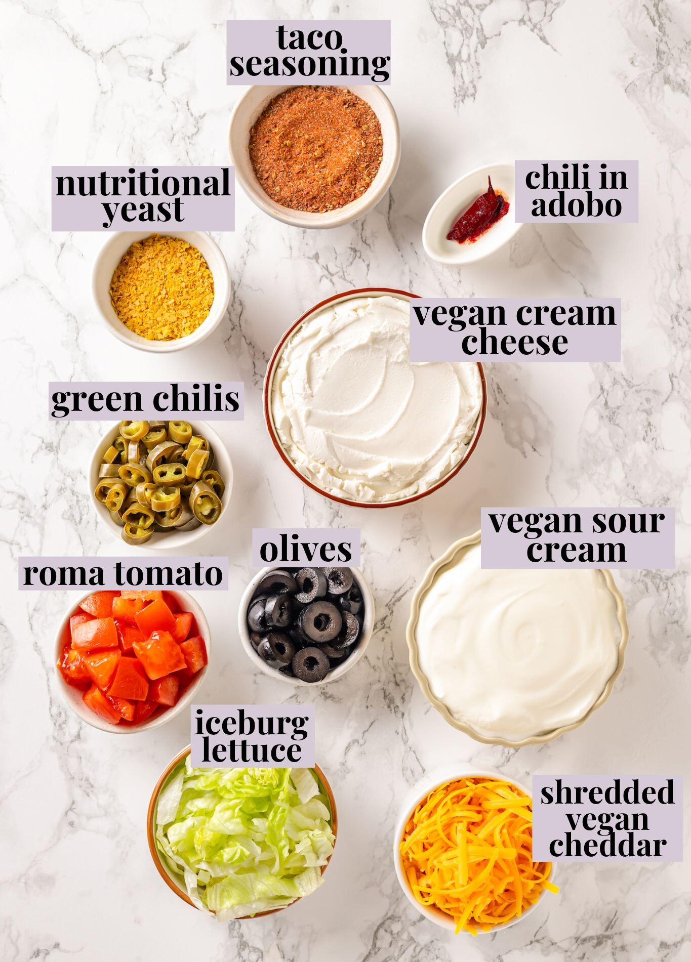 Overhead view of ingredients for vegan taco dip