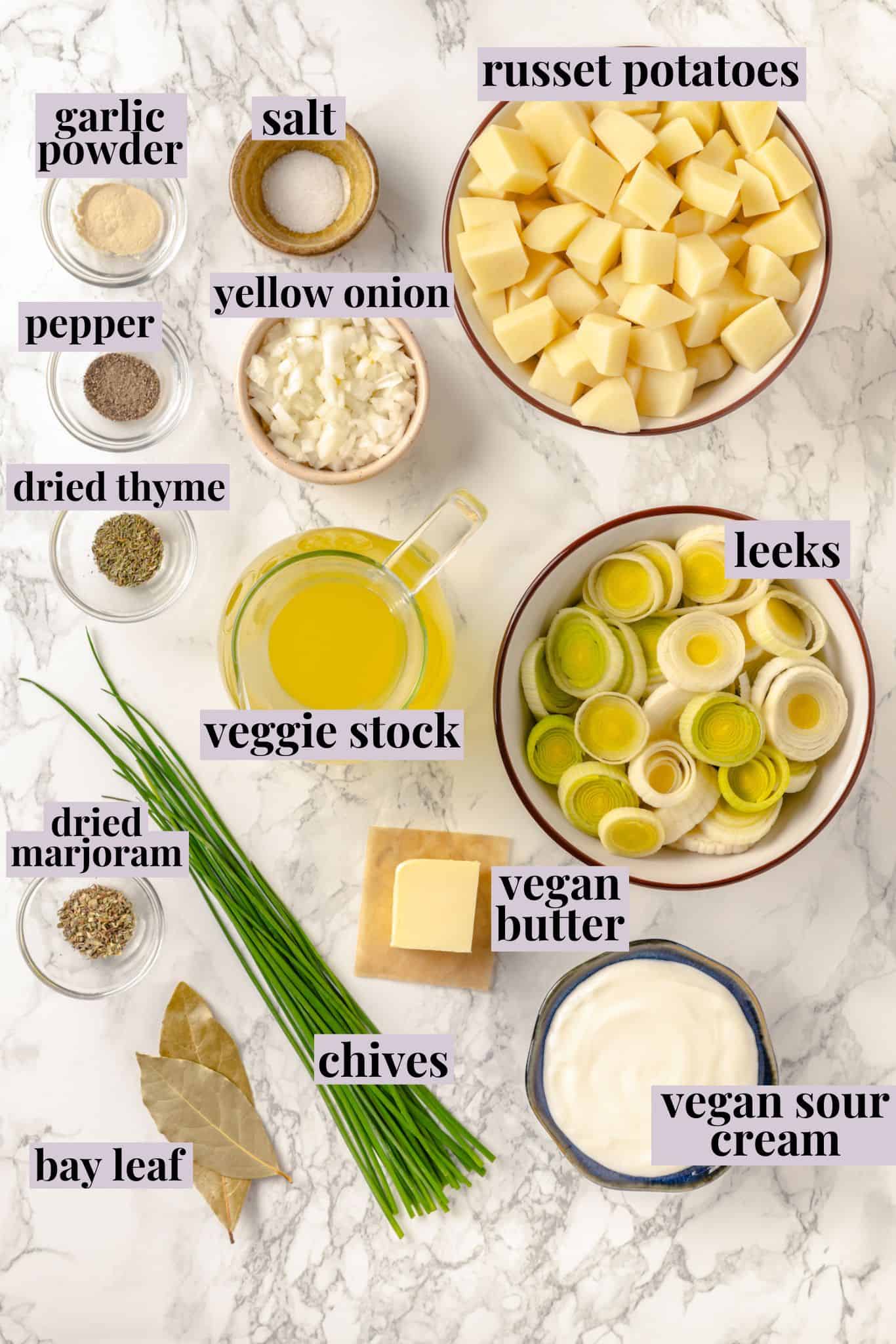 Overhead view of ingredients for vichyssoise with labels