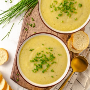 Overhead view of two bowls of vichyssoise