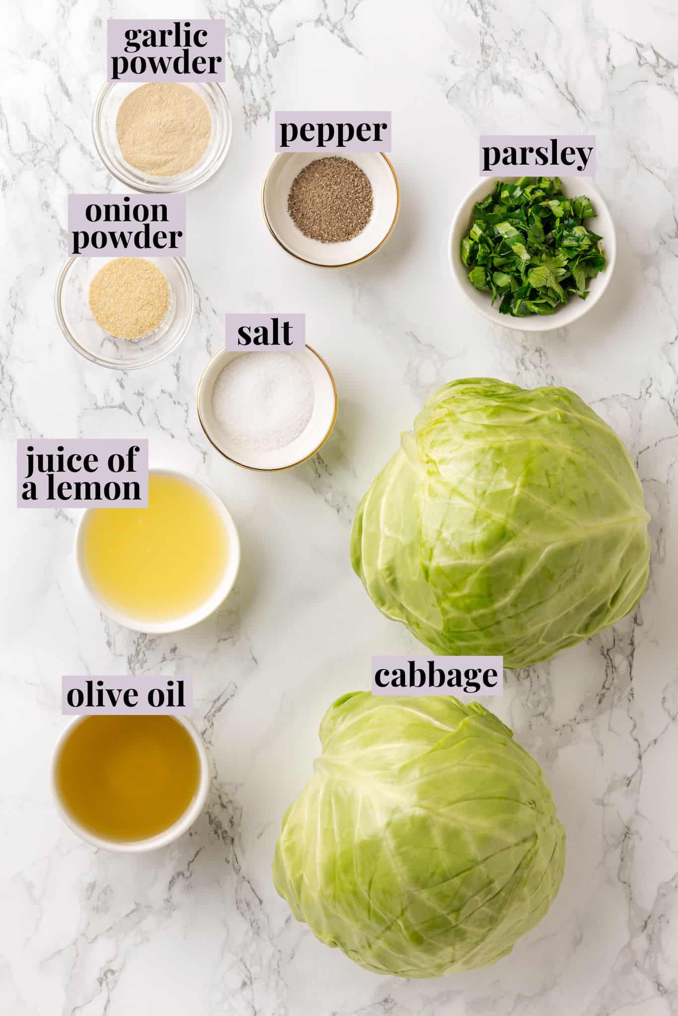 Overhead view of ingredients for cabbage steaks