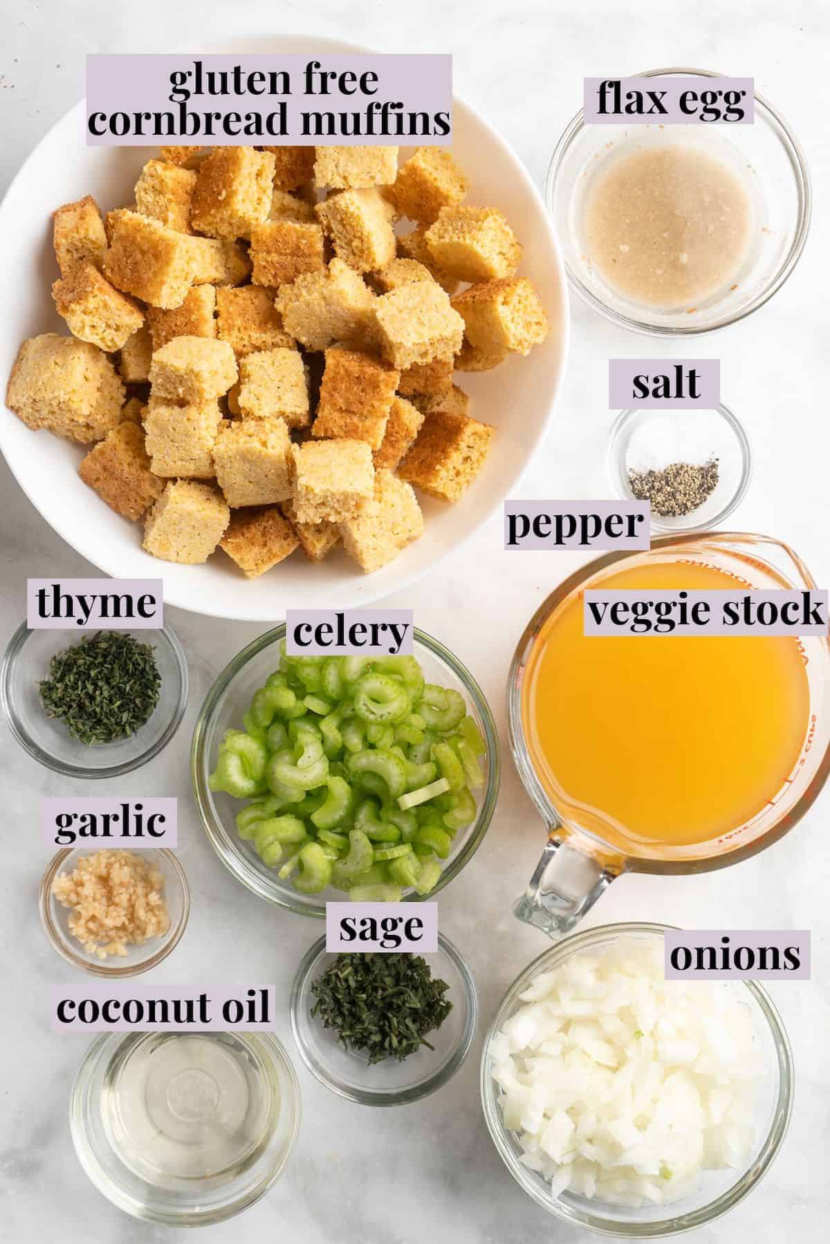 Overhead view of ingredients for cornbread stuffing with labels