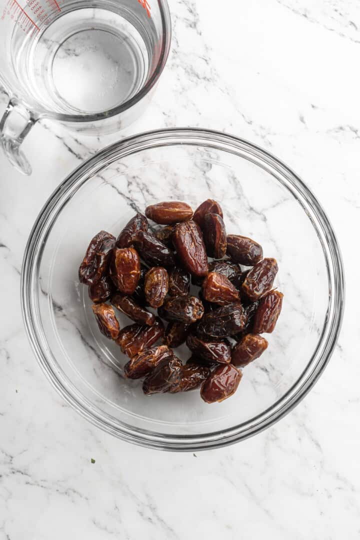 Overhead view of dates in bowl