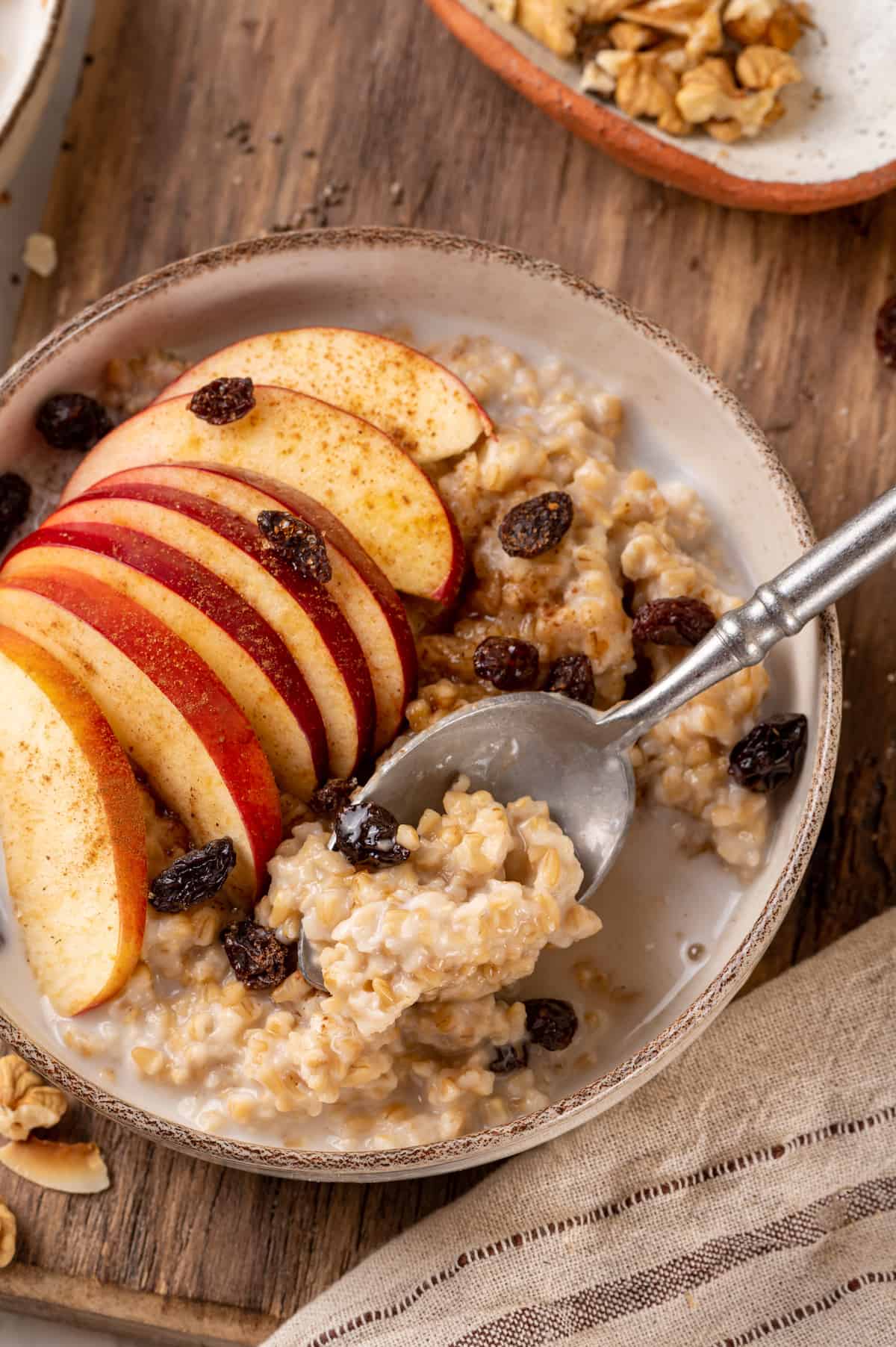 Overhead view of apple Instant Pot steel-cut oats in bowl with spoon
