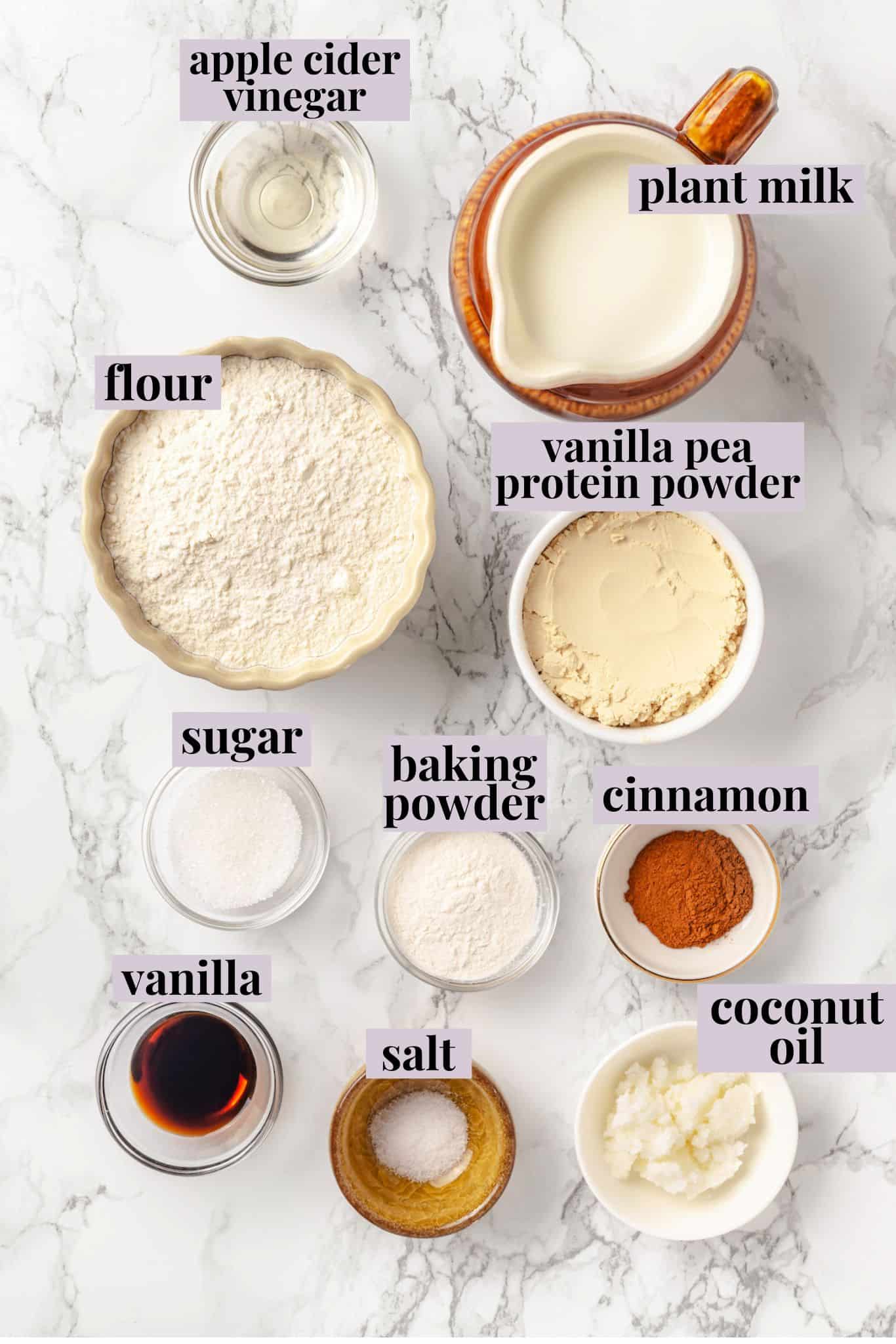 Overhead view of ingredients for protein pancakes