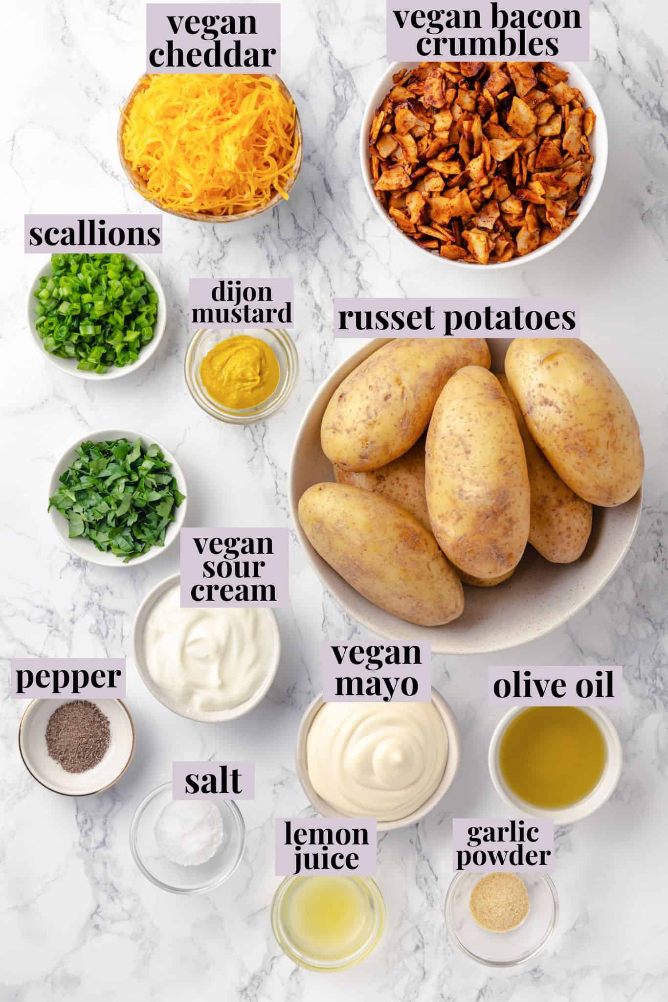 Overhead view of ingredients for loaded potato salad