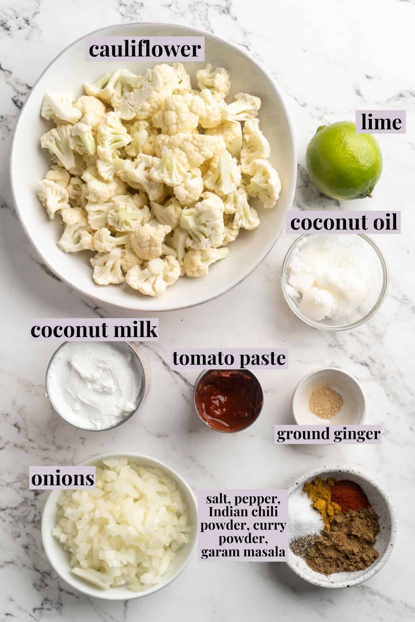 Overhead view of ingredients for butter cauliflower with labels