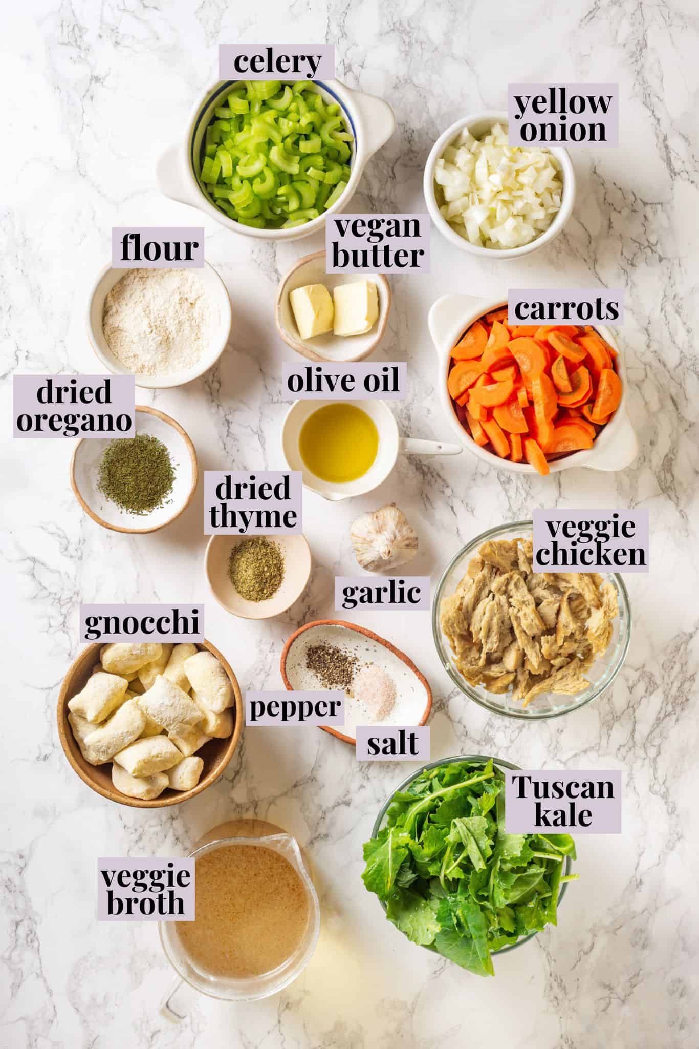 Overhead view of gnocchi soup ingredients with labels