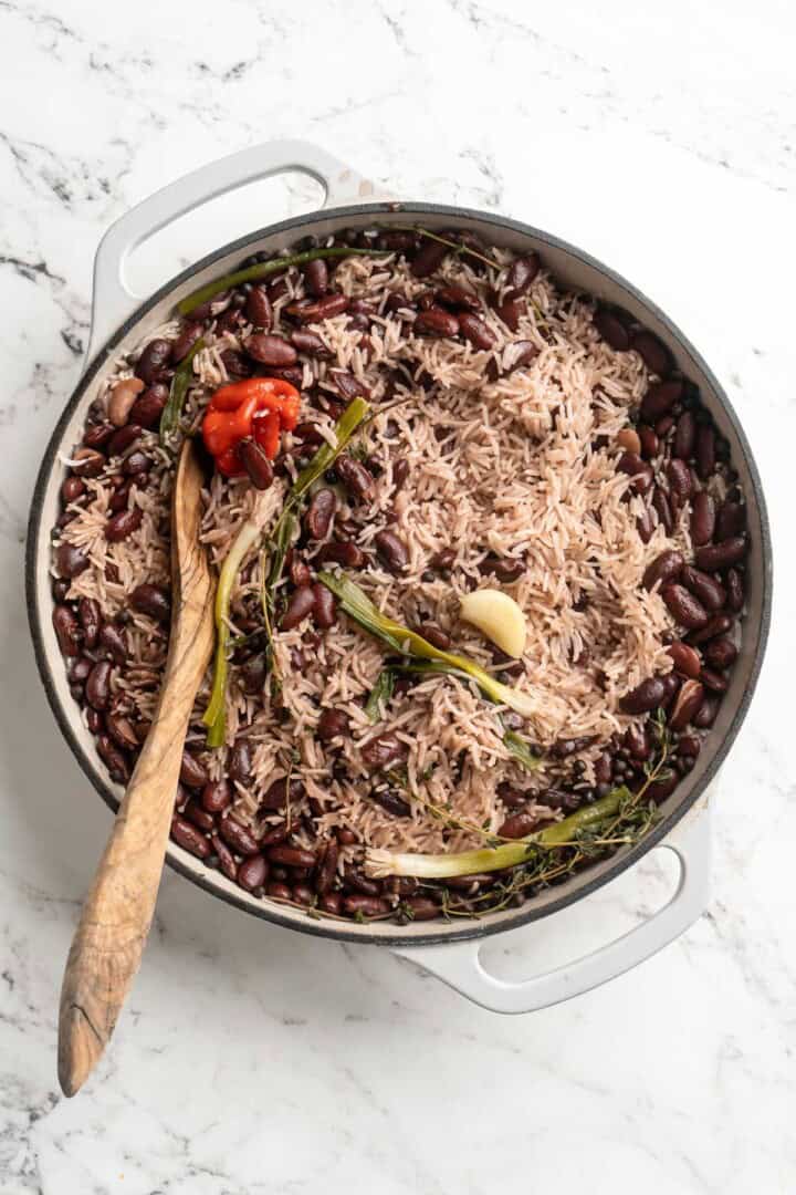 Stirring pan of Jamaican rice and peas