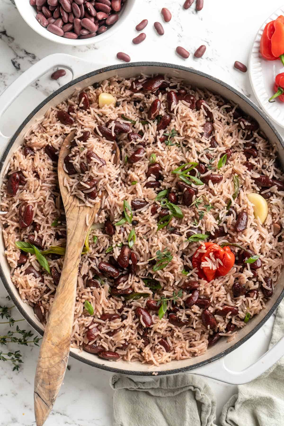 Overhead view of Jamaican rice and peas in pan