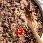 Top-down view of Jamaican rice and peas in skillet