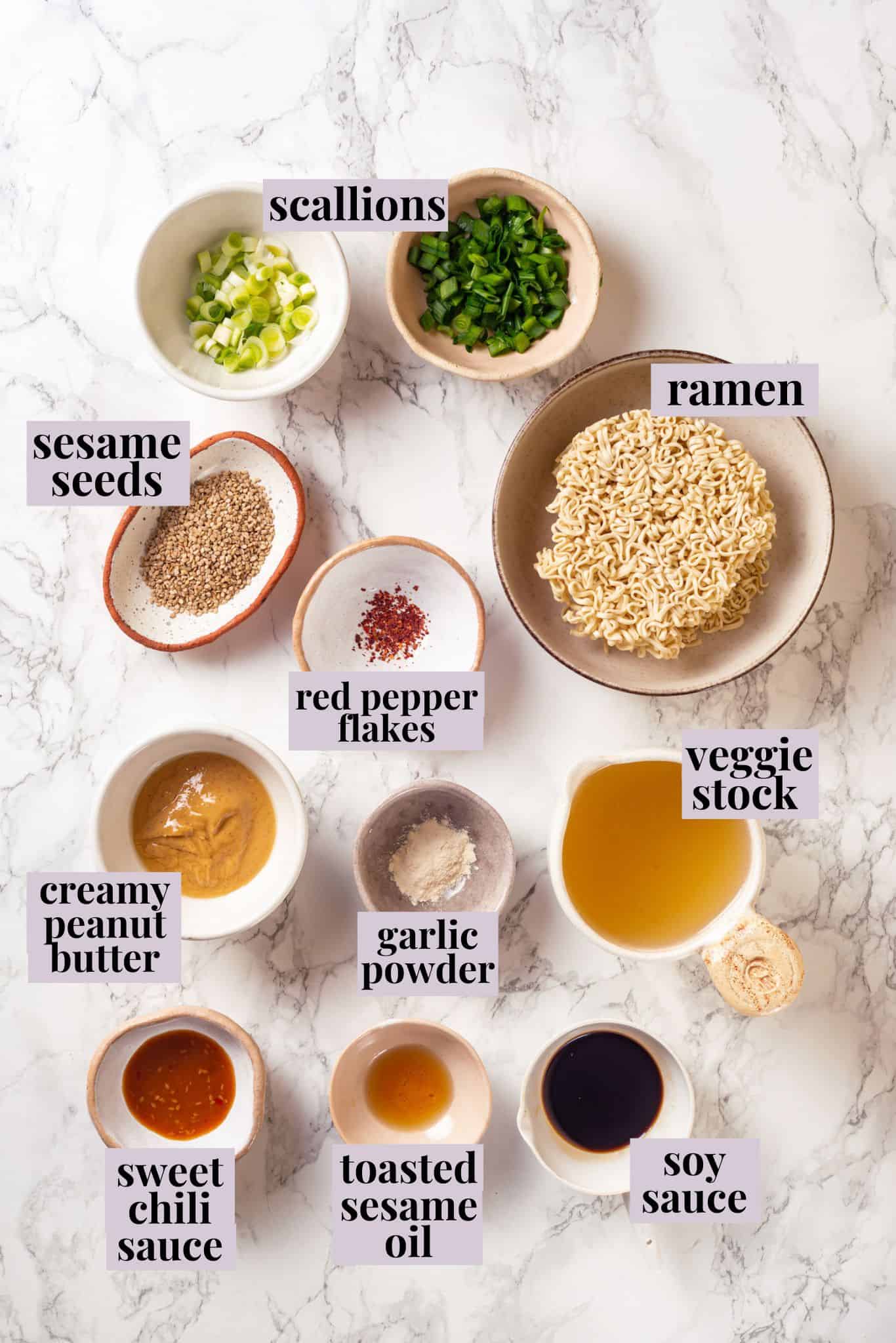 Overhead view of ingredients for peanut butter ramen with labels