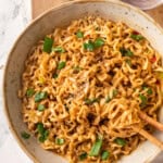 Overhead view of peanut butter ramen in bowl
