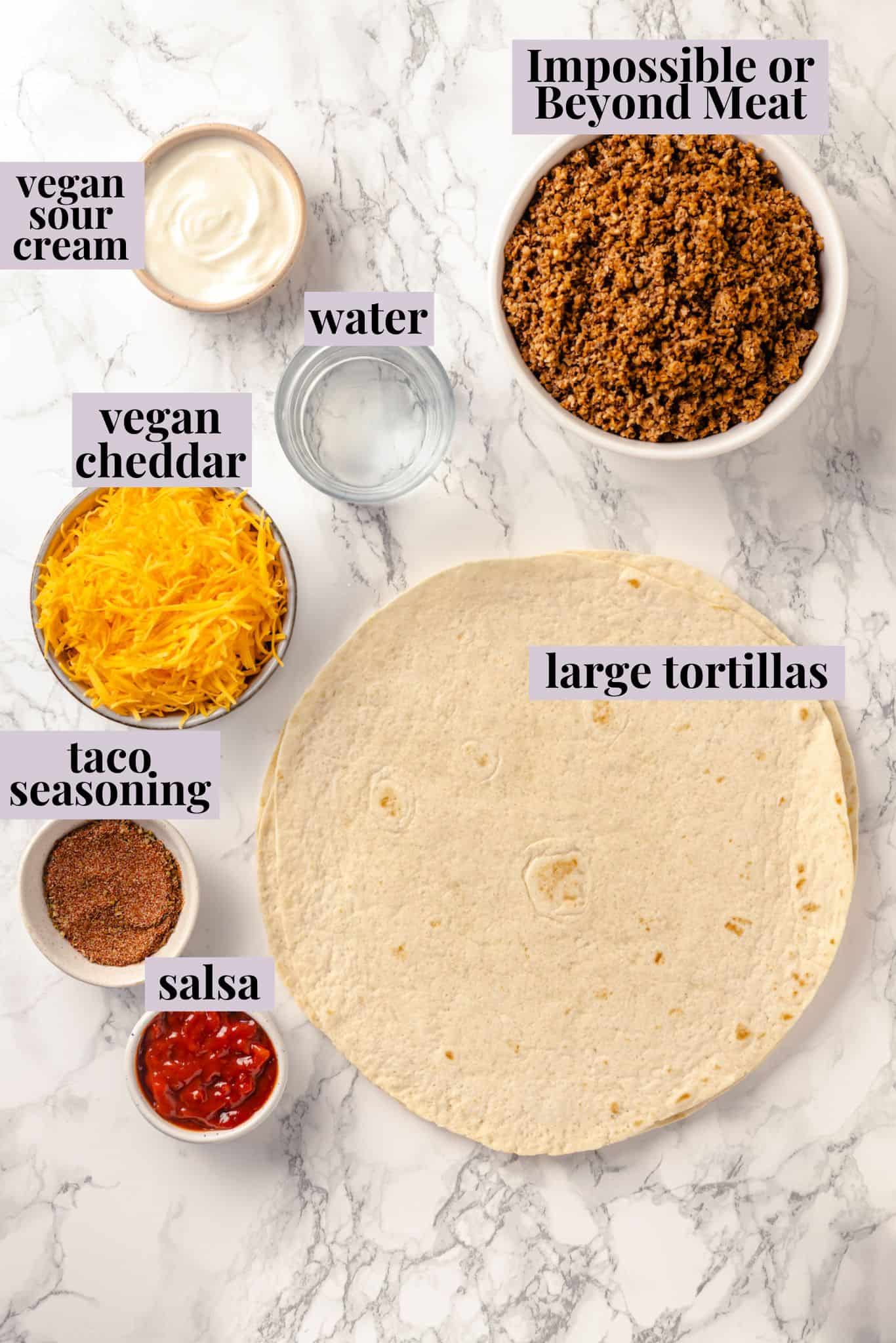 Overhead view of ingredients for taco bake