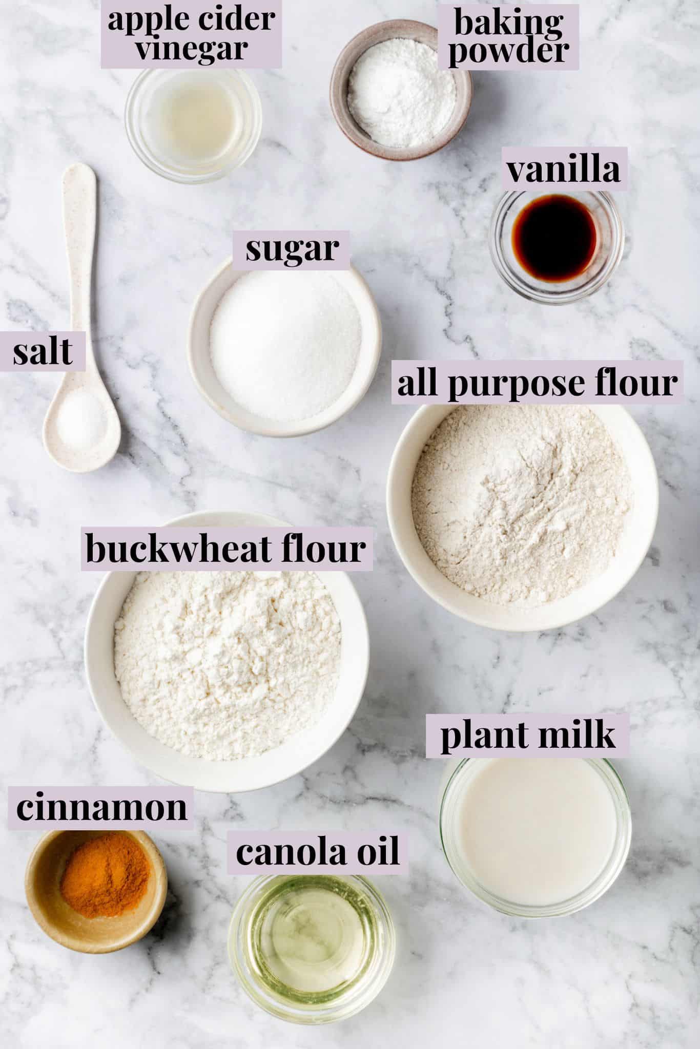 Overhead view of ingredients for buckwheat pancakes with labels