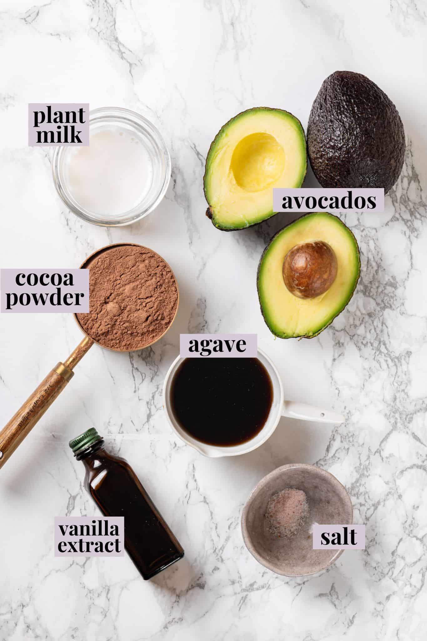 Overhead view of ingredients for chocolate avocado mousse with labels