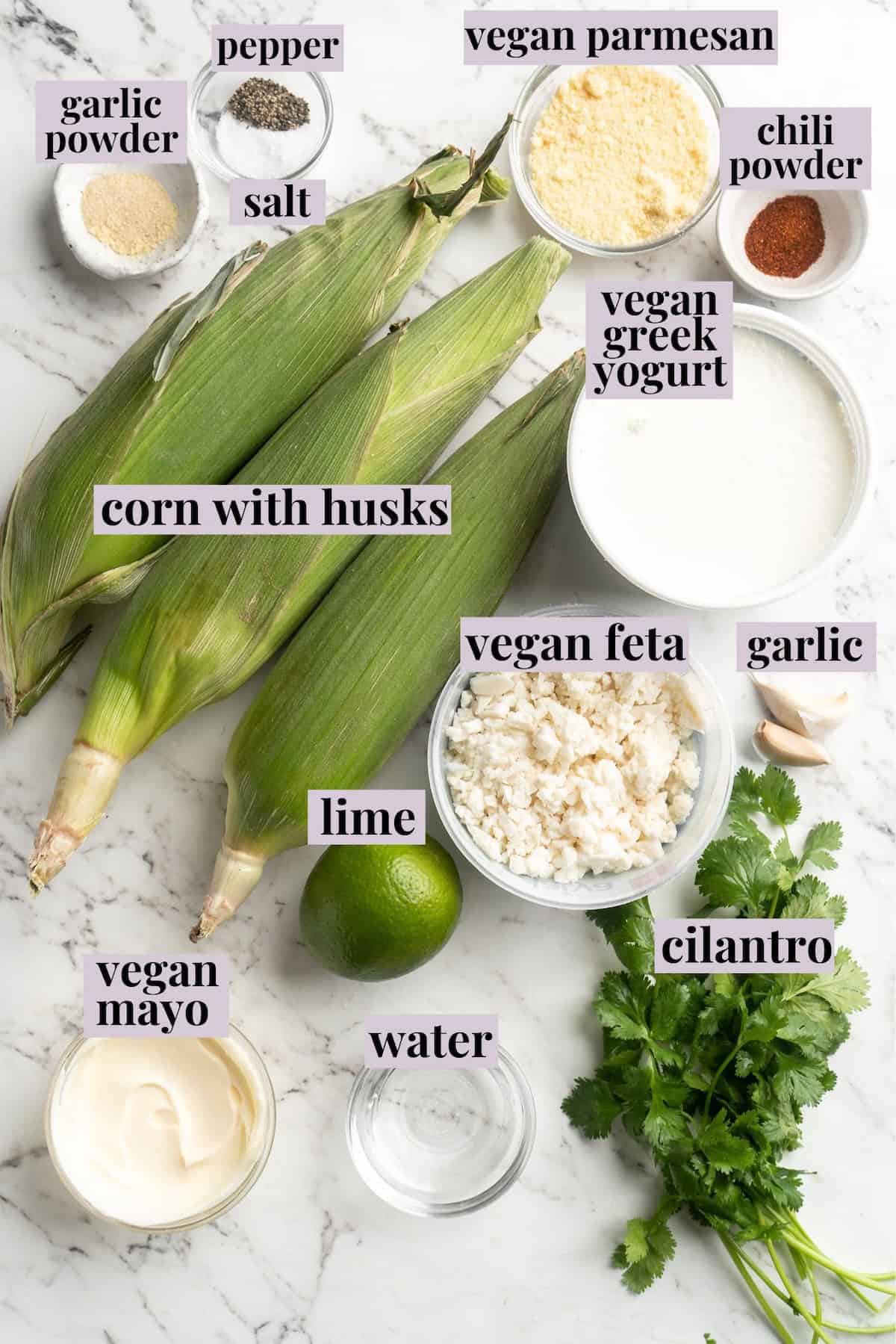 Overhead view of ingredients for Mexican street corn