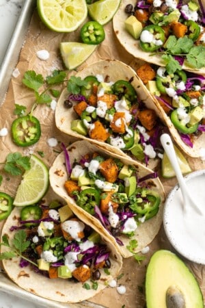 Overhead view of vegan sweet potato and black bean tacos