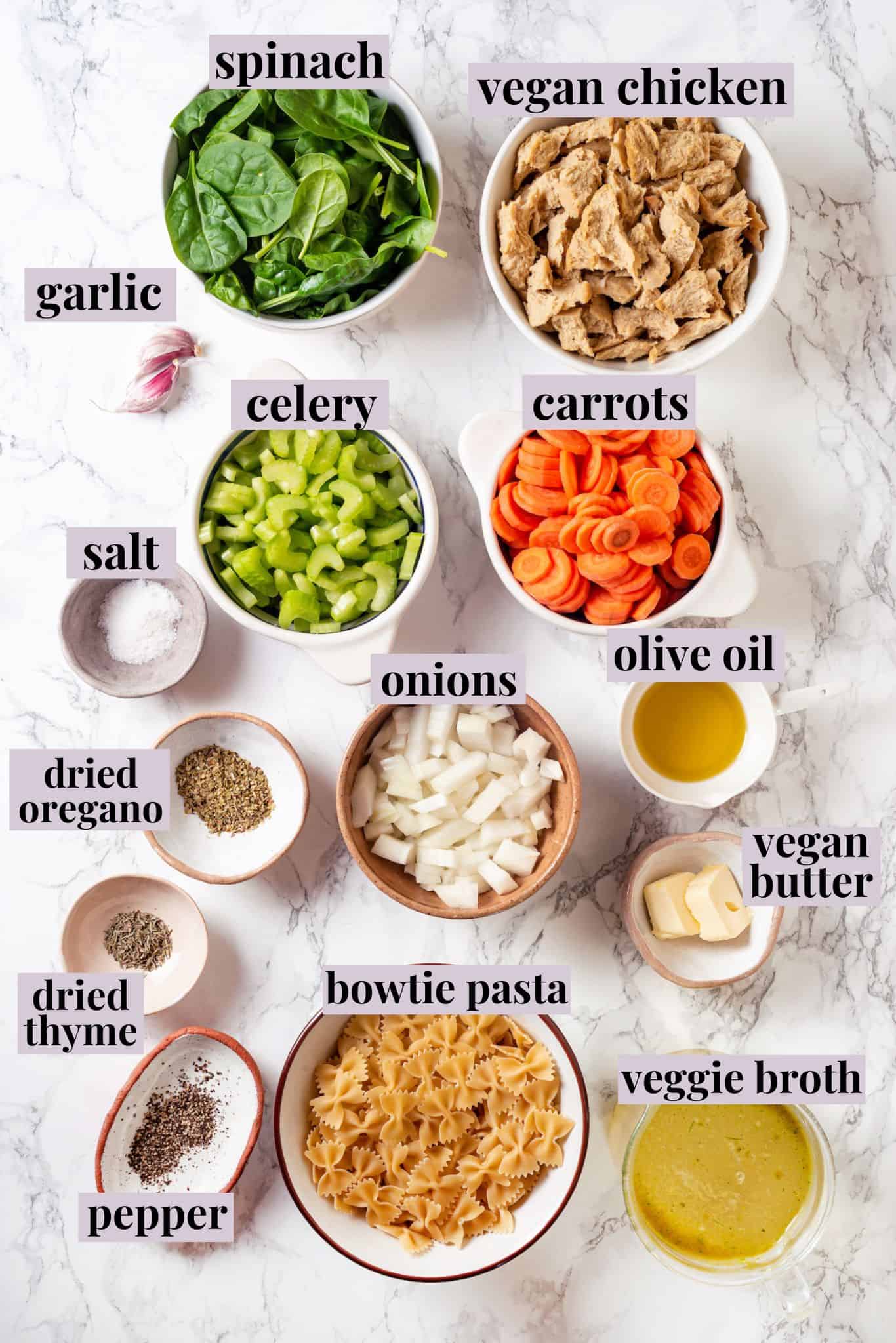 Overhead view of ingredients for vegan chicken noodle soup