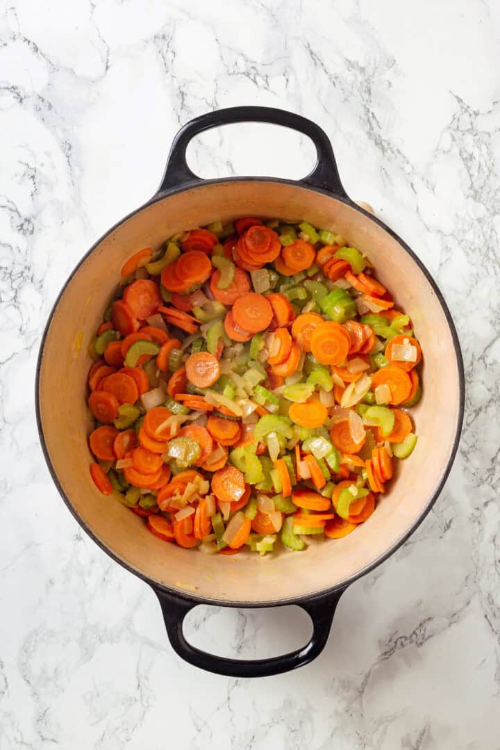 Sauteed mirepoix for vegan chicken noodle soup